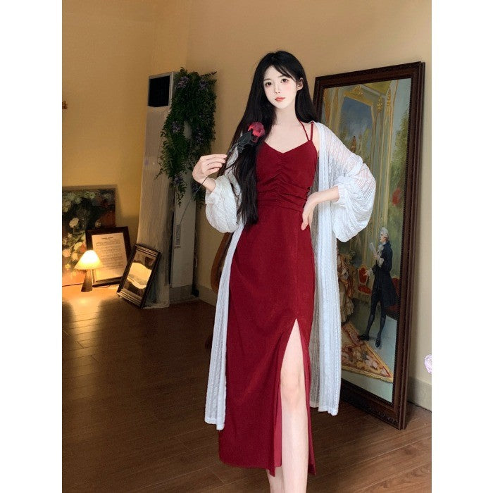 A6877L_大碼女裝胖mm法式性感顯瘦酒紅色玫瑰吊帶連衣裙蕾絲開衫兩件套裙