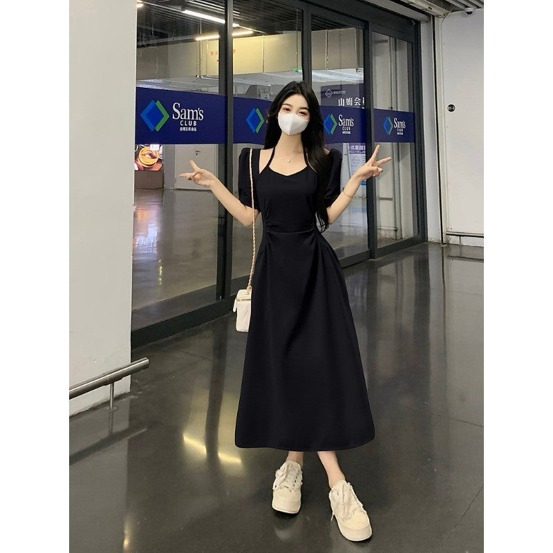 8823L_大碼法式氣質獨特高級感顯瘦連衣裙茶歇收腰長裙掛脖連衣裙