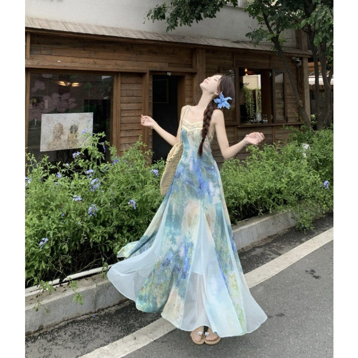 A8539L_穿搭一整套開衫吊帶裙套裝大碼藍色氣質暈染印花收腰連衣裙女