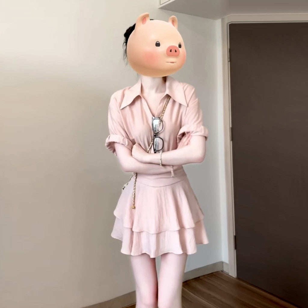 C5B53955L_法式溫柔風粉色襯衫連衣裙子女夏季2025新款甜美氣質收腰套裝短裙
