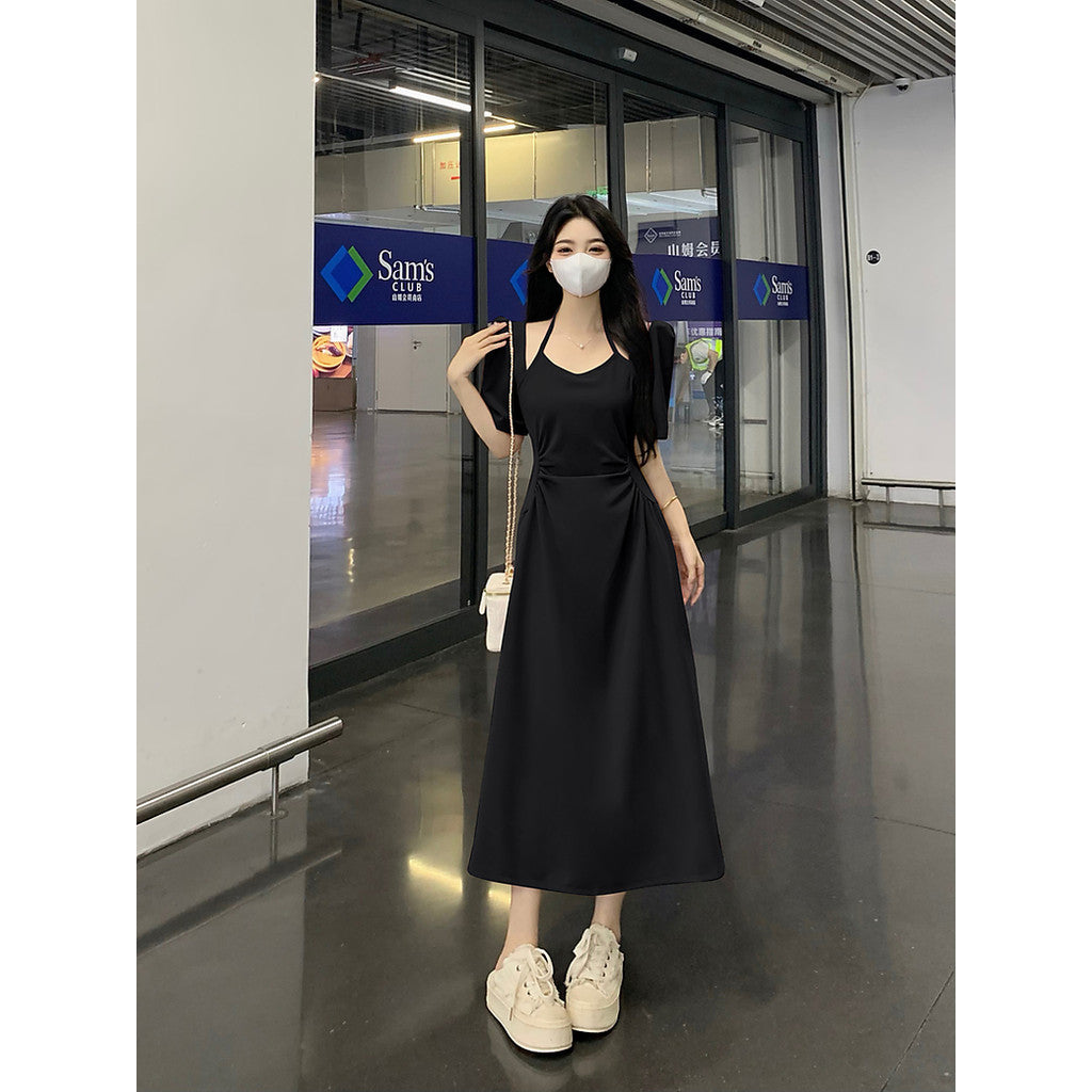 8823L_大碼法式氣質獨特高級感顯瘦連衣裙茶歇收腰長裙掛脖連衣裙