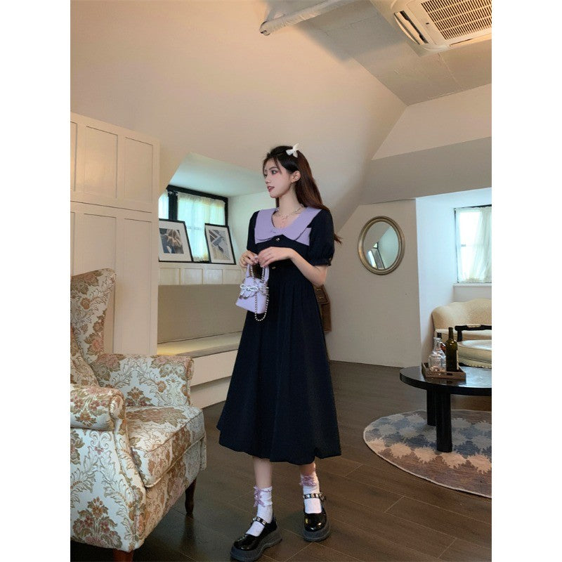 1292L_夏新款復古撞色娃娃領收腰顯瘦連衣裙女御姐輕熟風小黑裙