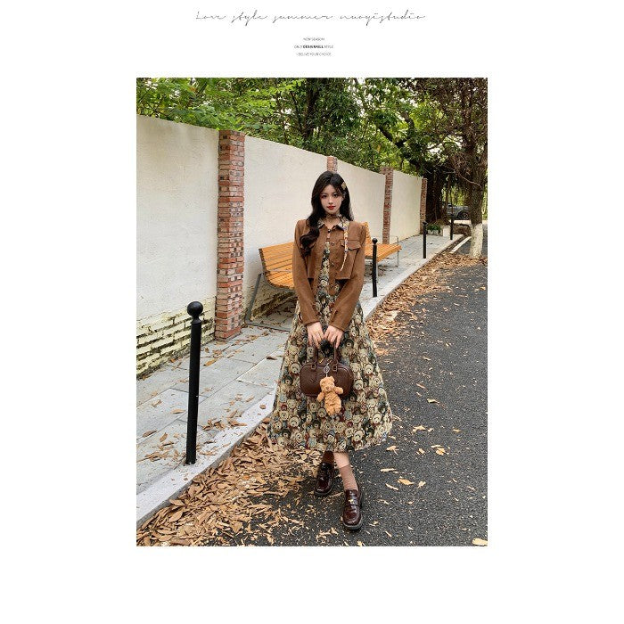 A1168L_大碼女裝復古連衣裙秋季梨形身材設計感吊帶裙胖MM顯瘦A字裙