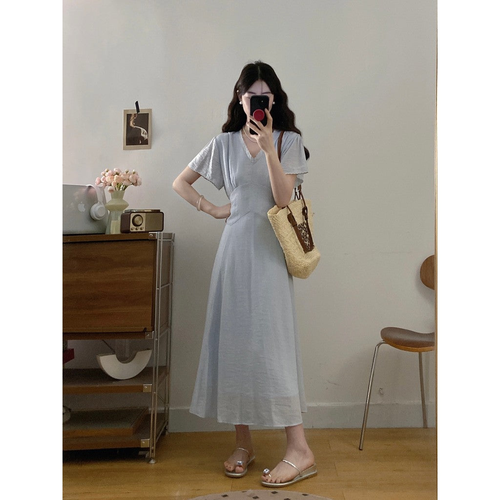 8687L_大碼法式茶歇時尚V領連衣裙女2025新款綁帶收腰顯瘦長款裙子