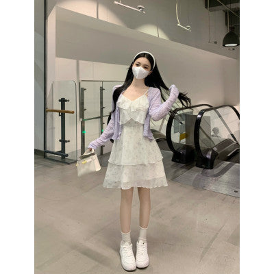 A1099L_大碼女裝新款茶歇法式顯瘦雪紡碎花吊帶連衣裙兩件套