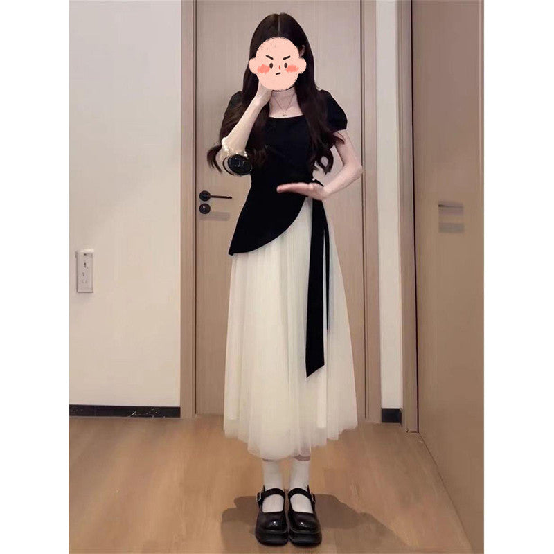 16892L_大碼法式短袖連衣裙女夏季梨形身材垂感長短裙子高級感不規則紗裙