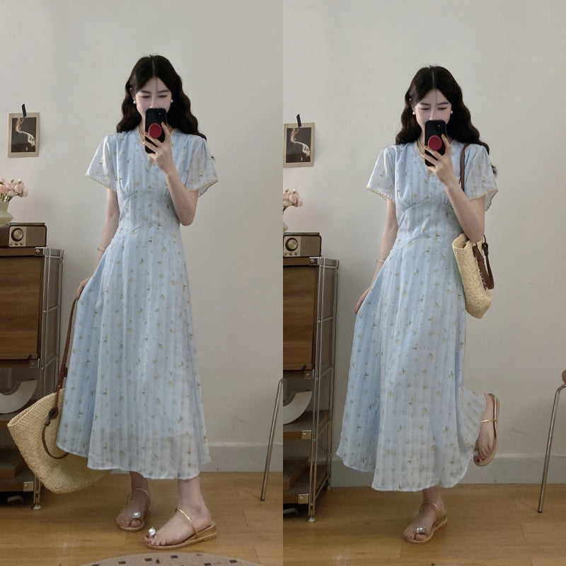 8687L_大碼法式茶歇時尚V領連衣裙女2025新款綁帶收腰顯瘦長款裙子