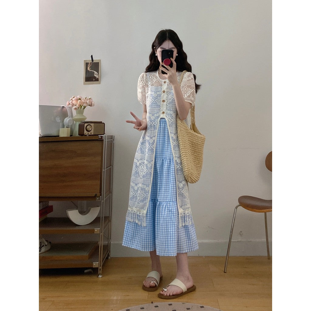 9733L_大碼 新款設計感法式甜美小清新鏤空長款蕾絲罩衫+吊帶裙套裝