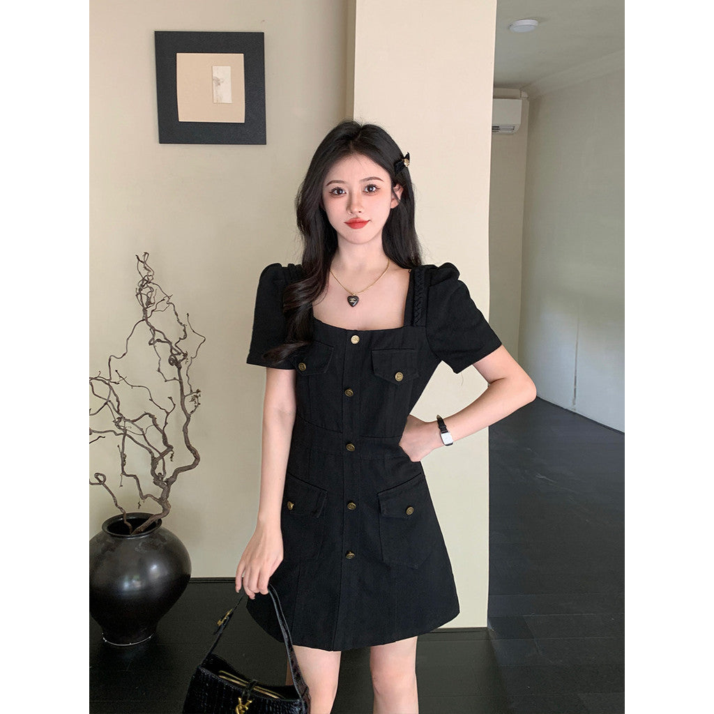 1885L_氣質翻領口袋牛仔時尚連衣裙胖MM藏肉黑色牛仔裙女