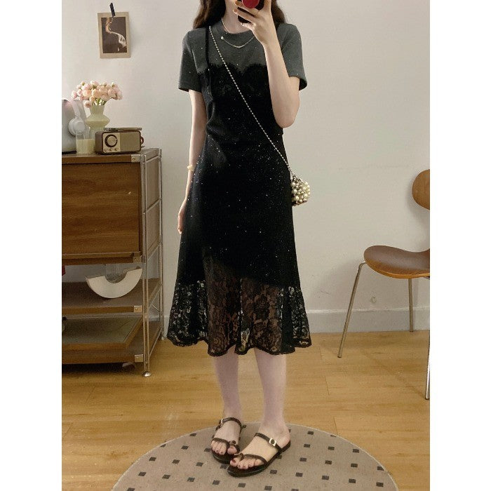 8253L_夏季新款胖MM甜美蕾絲邊修身細閃顯瘦假倆件連衣裙