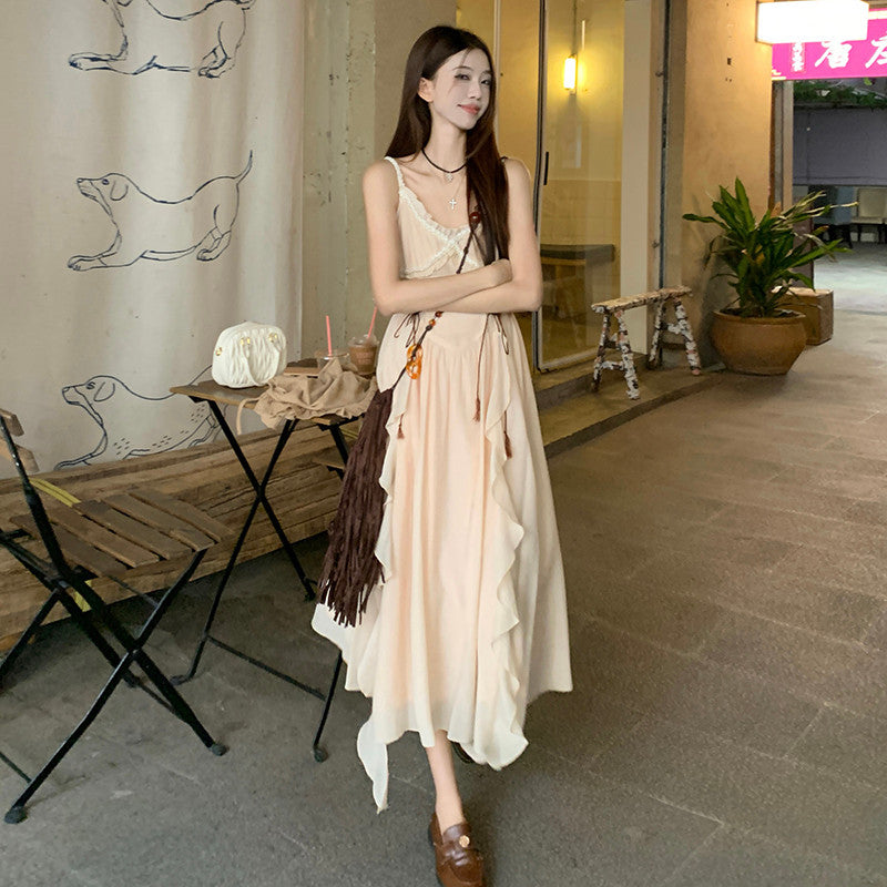 1195L_波西米亞風吊帶女春夏兩件套連衣裙2025新款大碼中長裙套裝