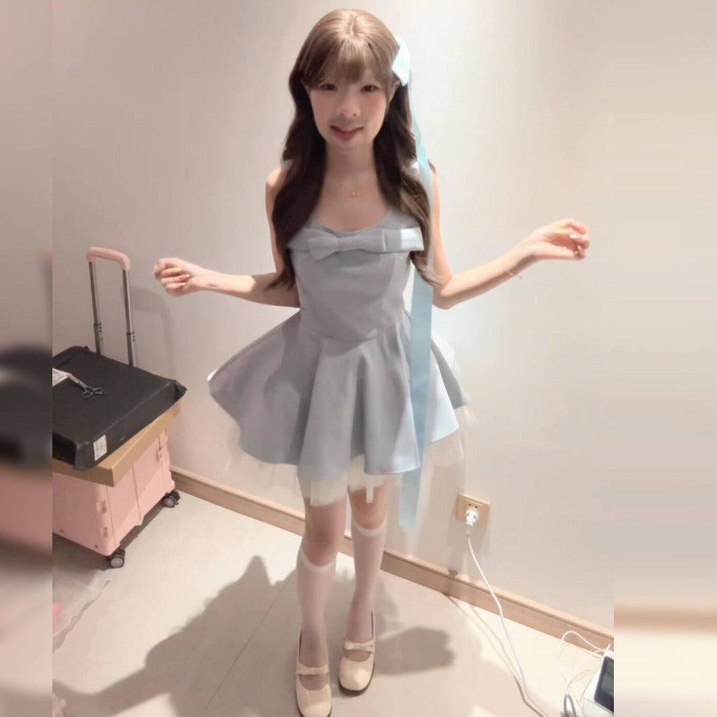 C6L54909L_新款夏季絕美藍色吊帶連衣裙子女高級感掐腰生日禮服蓬蓬短裙