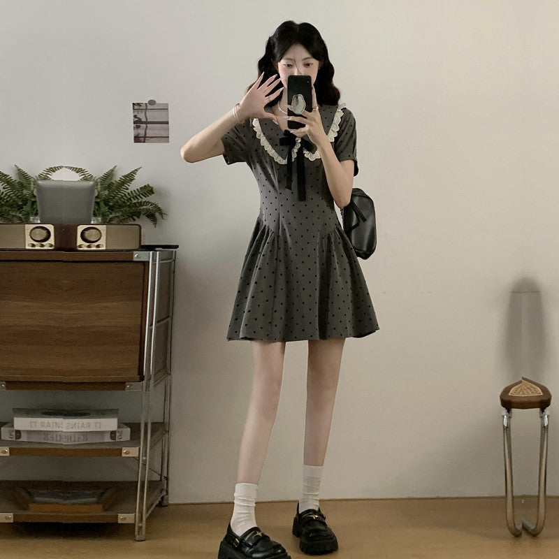 A9186L_大碼女裝法式減齡娃娃領短款波點連衣裙胖MM顯瘦甜美裙子