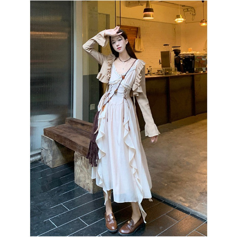 1195L_波西米亞風吊帶女春夏兩件套連衣裙2025新款大碼中長裙套裝