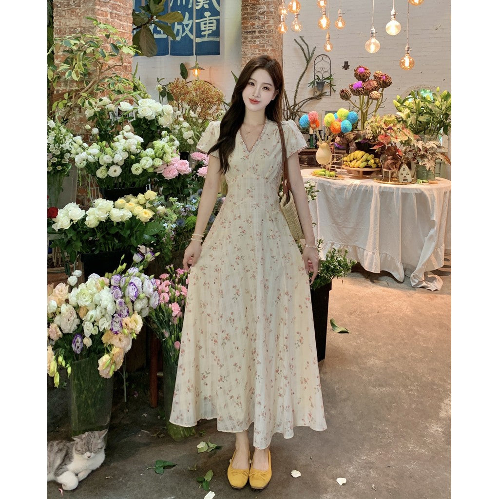 8687L_大碼法式茶歇時尚V領連衣裙女2025新款綁帶收腰顯瘦長款裙子