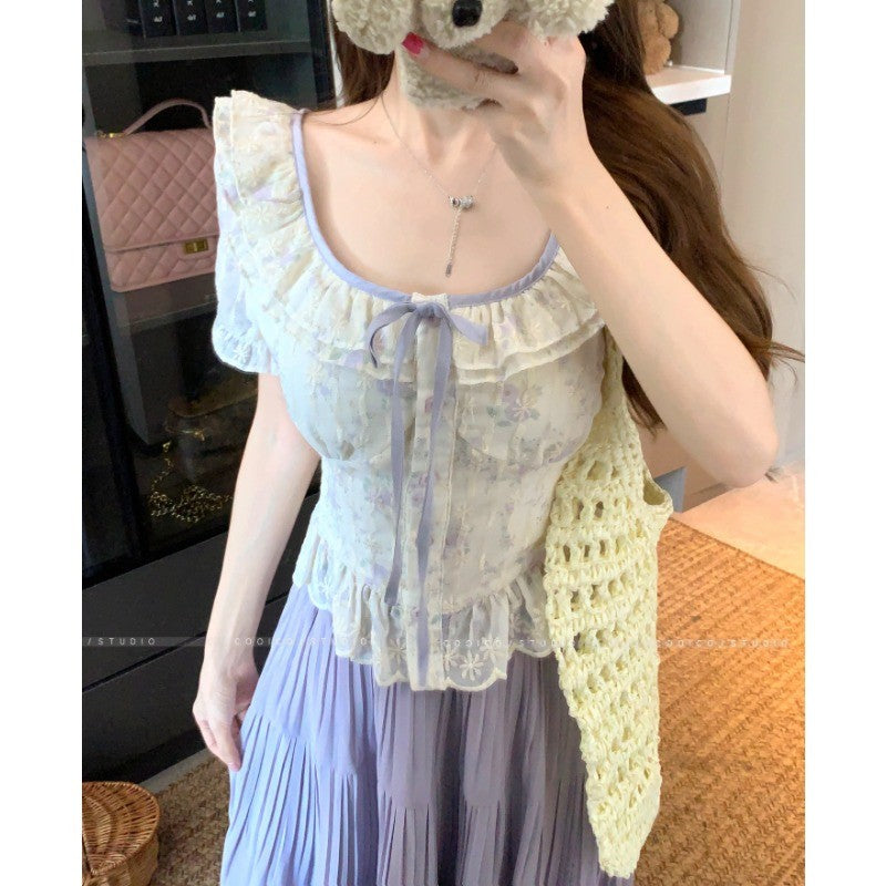 6732L_大碼女裝法式碎花刺繡方領上衣夏季胖mm泡泡袖襯衫兩件套裙裝