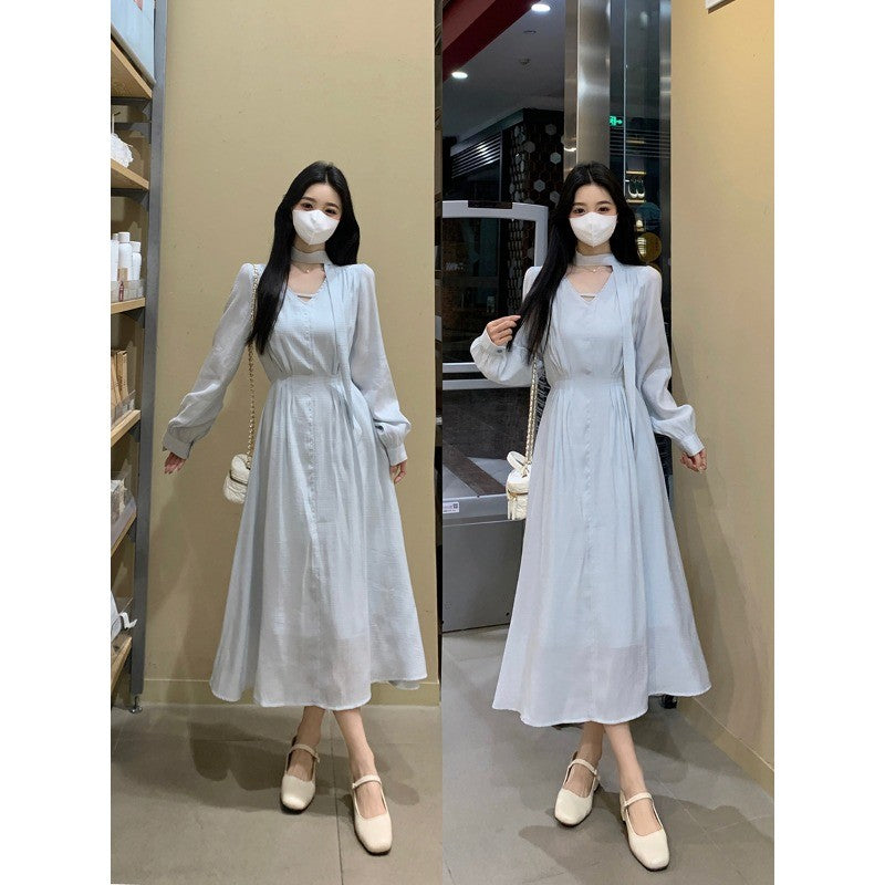 A3155L_大碼女裝氣質溫柔風藍色V領連衣裙女胖MM春季新款裙子