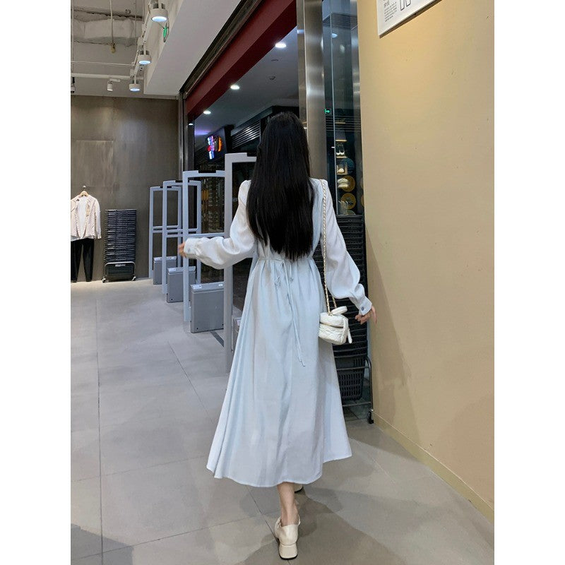 A3155L_大碼女裝氣質溫柔風藍色V領連衣裙女胖MM春季新款裙子
