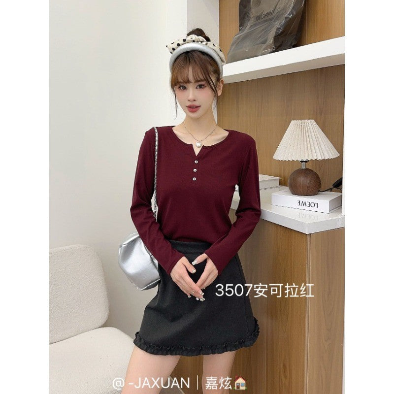 VKJ-3507 均碼  三扣小V領韓系慕斯tee早秋長袖上衣