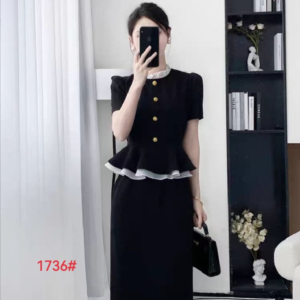 1736L_黑色連衣裙夏修身顯瘦氣質高級感拼接假兩件法式裙