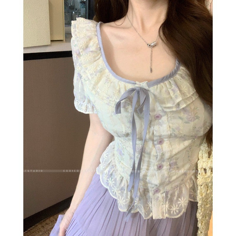 6732L_大碼女裝法式碎花刺繡方領上衣夏季胖mm泡泡袖襯衫兩件套裙裝