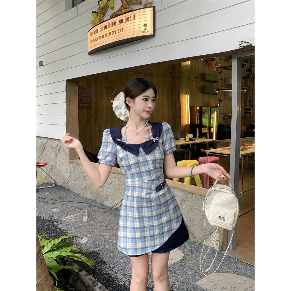 18800L_夏季學院復古清新淡雅格紋修身短袖連衣裙