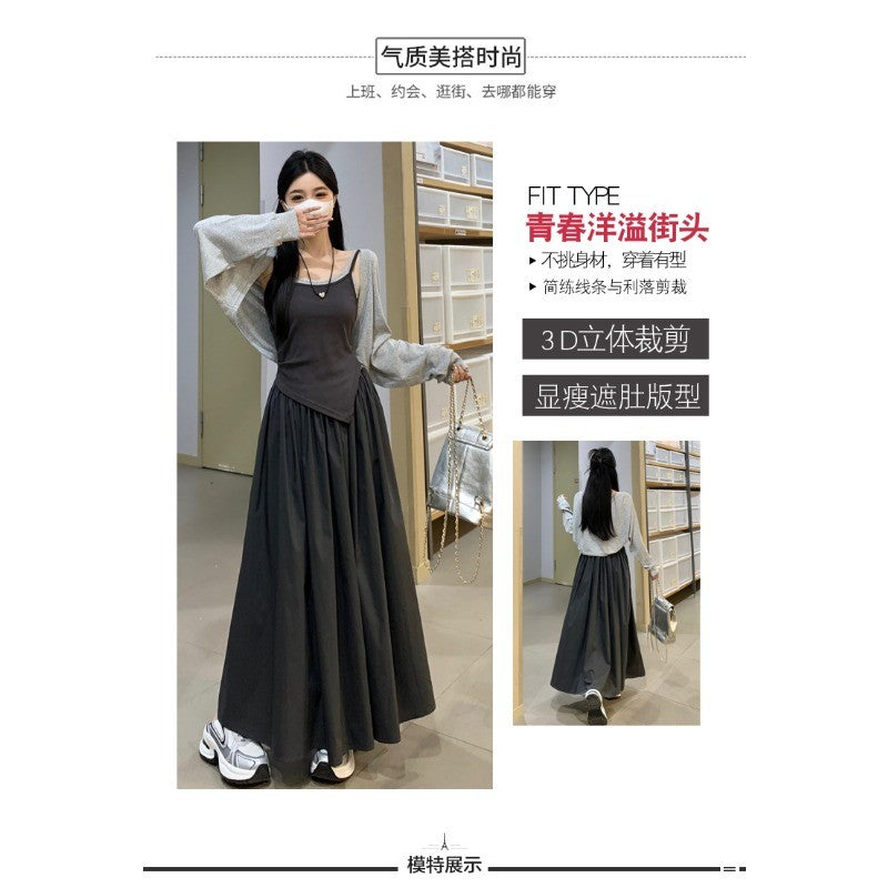6851L_大碼女裝秋冬新款氣質百搭長袖開衫 拼接假兩件吊帶裙兩件套