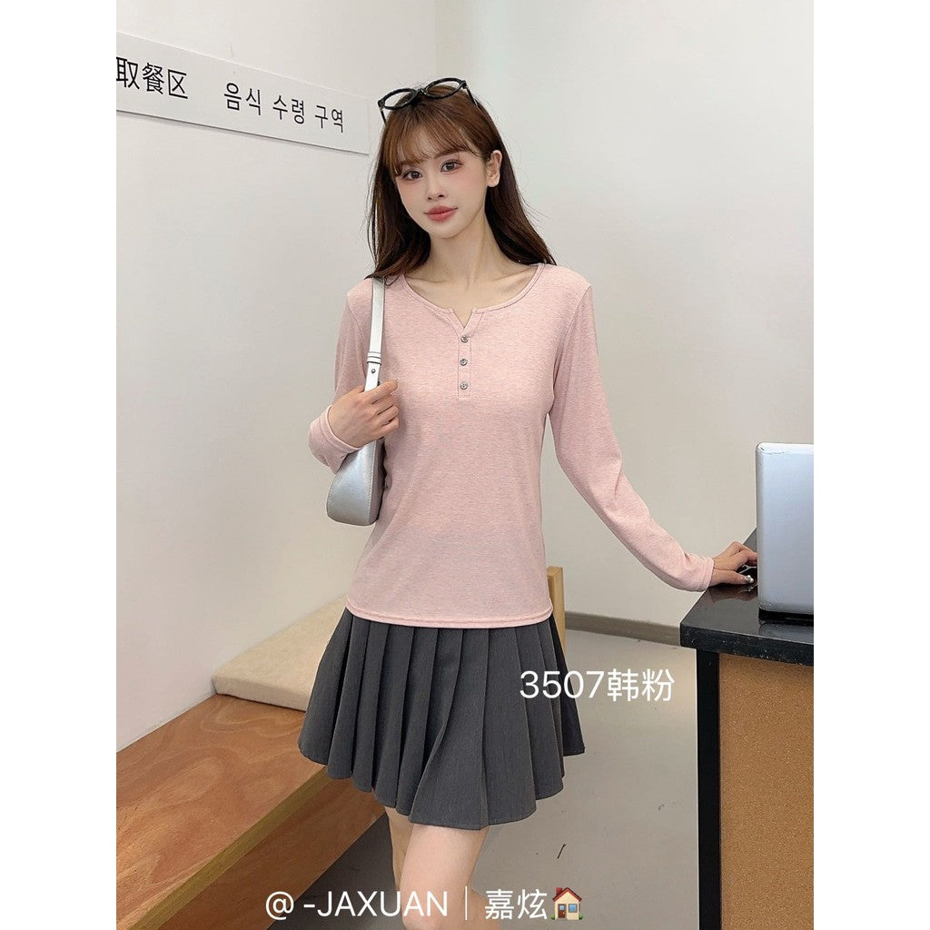 VKJ-3507 均碼  三扣小V領韓系慕斯tee早秋長袖上衣