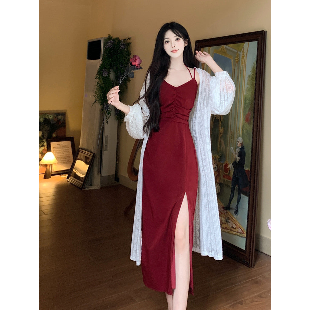 A6877L_大碼女裝胖mm法式性感顯瘦酒紅色玫瑰吊帶連衣裙蕾絲開衫兩件套裙