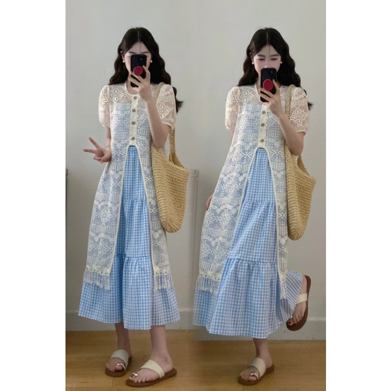 9733L_大碼 新款設計感法式甜美小清新鏤空長款蕾絲罩衫+吊帶裙套裝