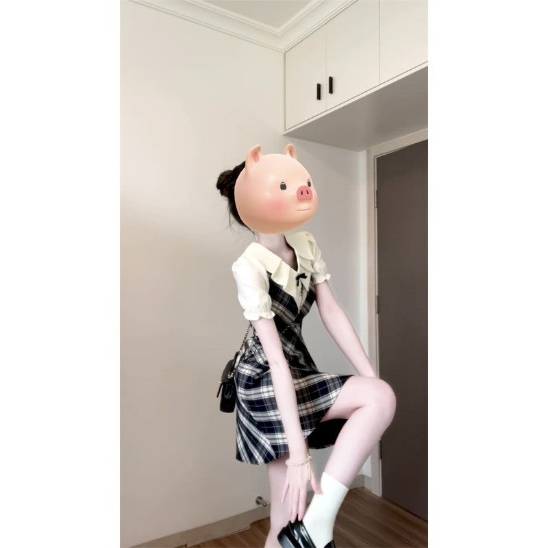 C5L53986L_韓系學院風假兩件格紋連衣裙子女夏季2025新款小個子收腰a字短裙