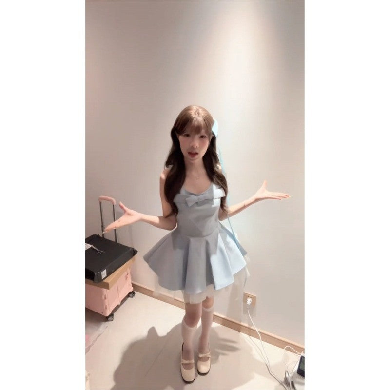 C6L54909L_新款夏季絕美藍色吊帶連衣裙子女高級感掐腰生日禮服蓬蓬短裙