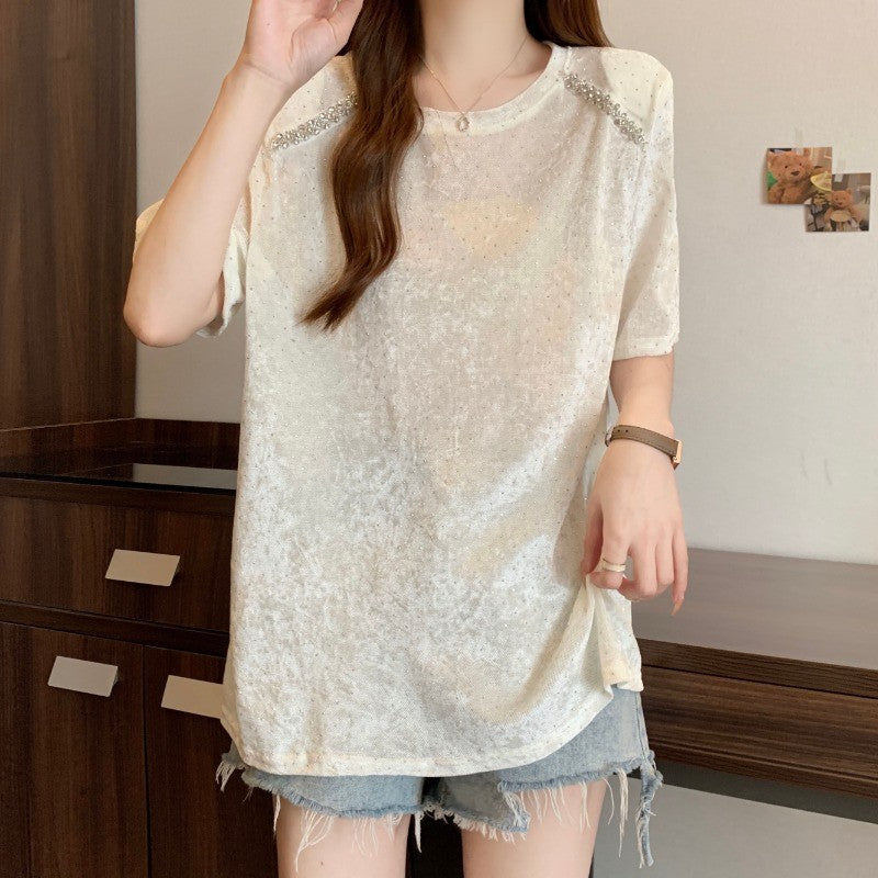 A1118L_大碼純色閃閃亮片重工短袖女胖MM顯瘦遮肉上衣