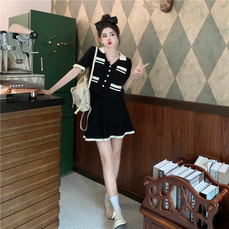 B3106L_大码女装夏季胖妹妹小香风针织短袖胖mm套装上衣百褶半身裙