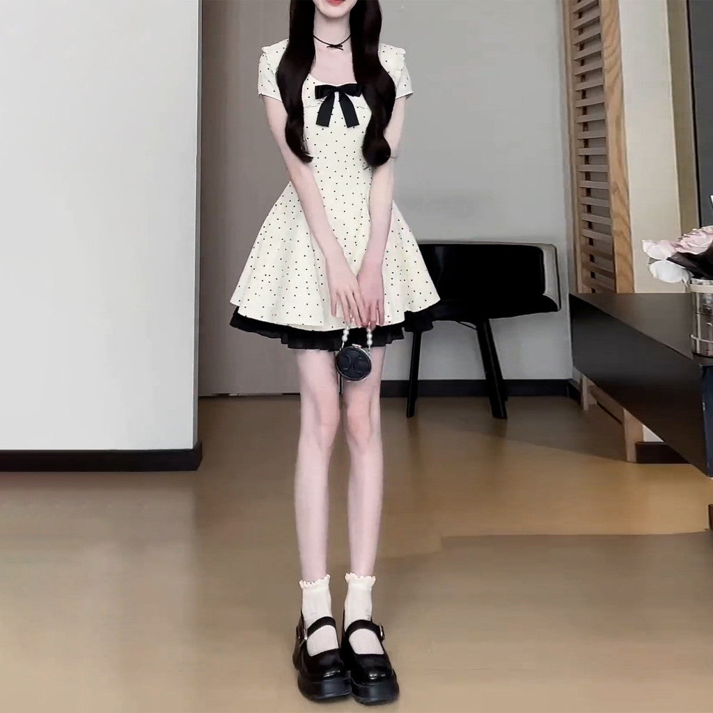 C6L54854L_法式氣質蝴蝶結波點連衣裙子女夏季2025新款小個子顯瘦收腰a字裙
