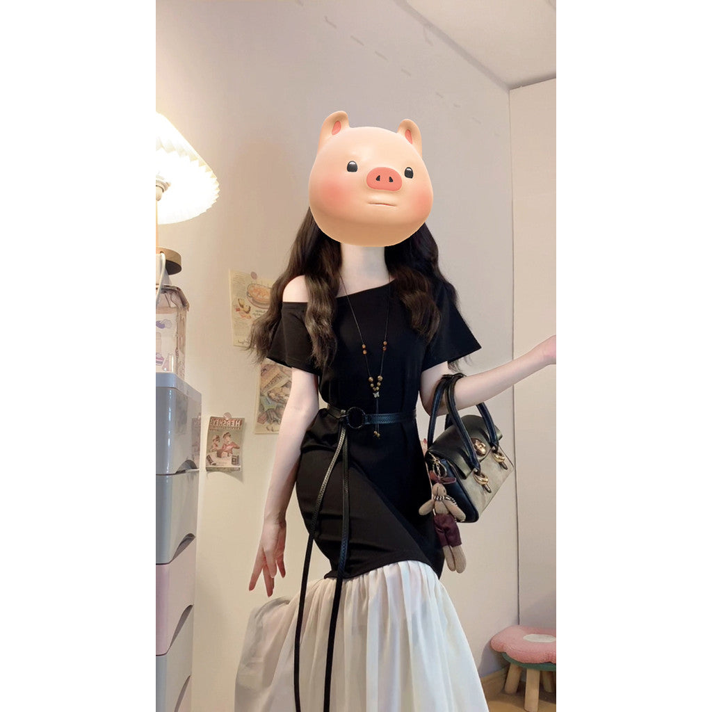 1906L_大碼女裝氣質高級感撞色拼接雪紡假兩件一字肩短袖連衣長裙