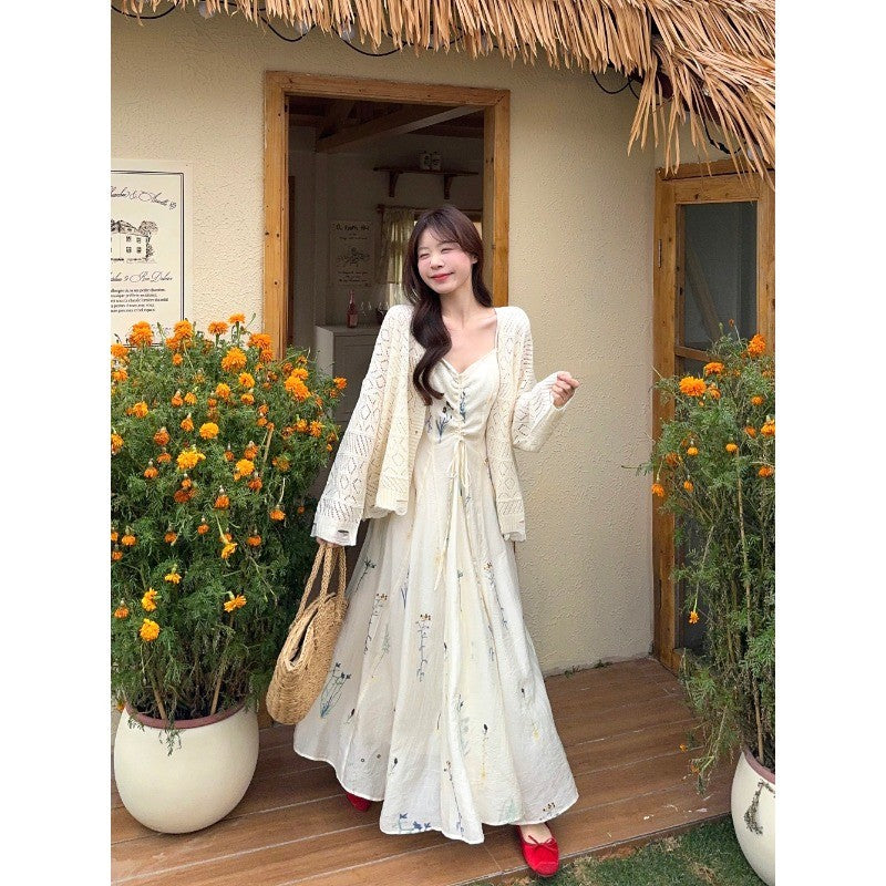 3299L_新款南枝杏調連衣裙女褶皺感水草花復古刺繡長裙