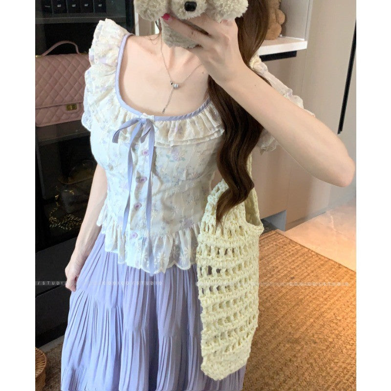 6732L_大碼女裝法式碎花刺繡方領上衣夏季胖mm泡泡袖襯衫兩件套裙裝