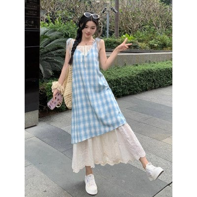 0655L_夏季新款胖mm假兩件拼接顯瘦刺繡A字裙蕾絲小眾長裙子女