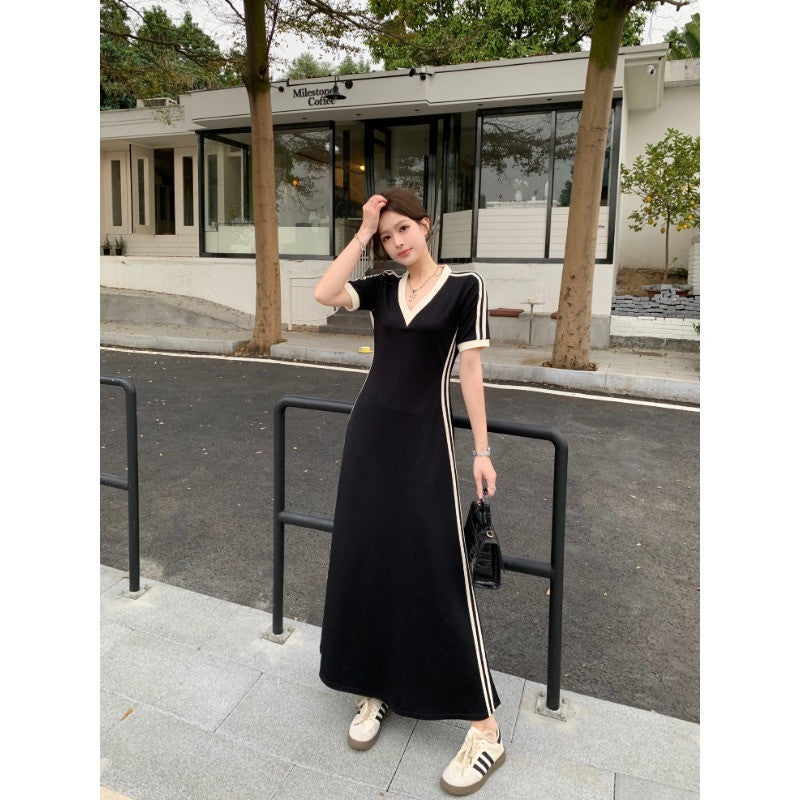 9975L_法式高級感V領短袖連衣裙2025夏季季新款漂亮裙子收腰長裙