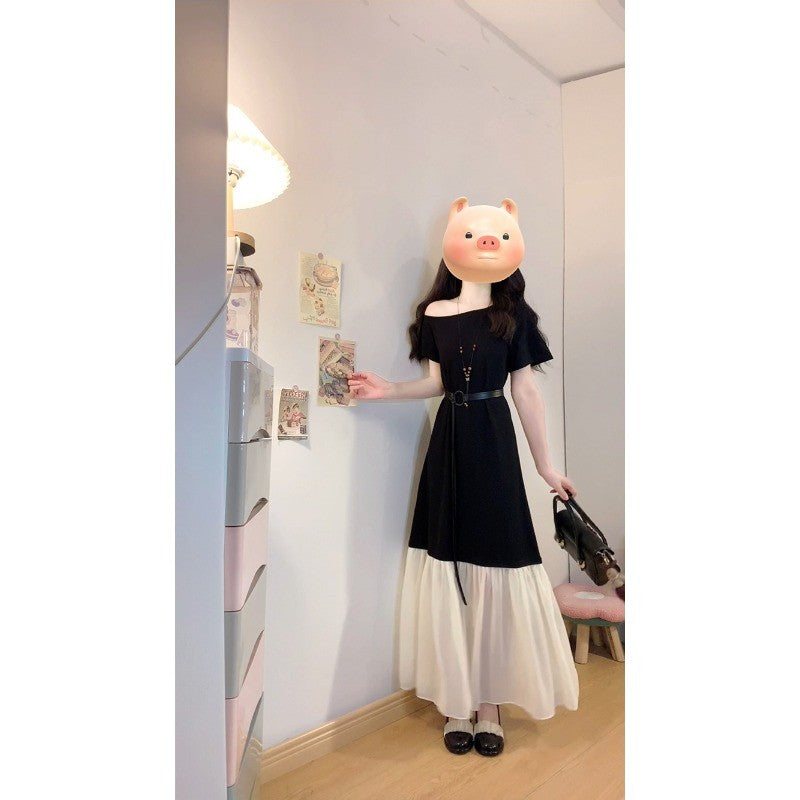 1906L_大碼女裝氣質高級感撞色拼接雪紡假兩件一字肩短袖連衣長裙