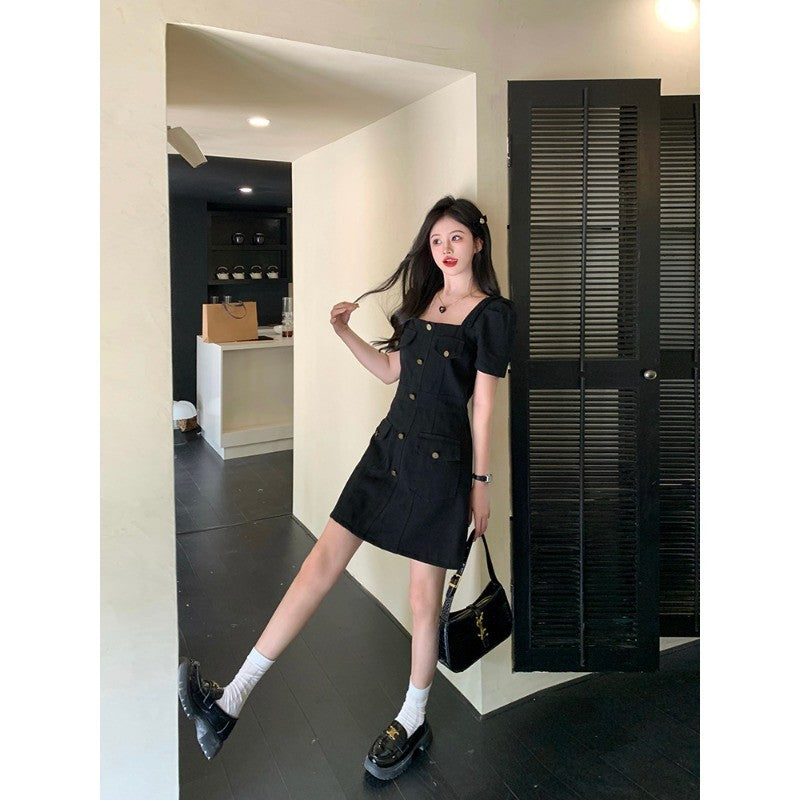1885L_氣質翻領口袋牛仔時尚連衣裙胖MM藏肉黑色牛仔裙女