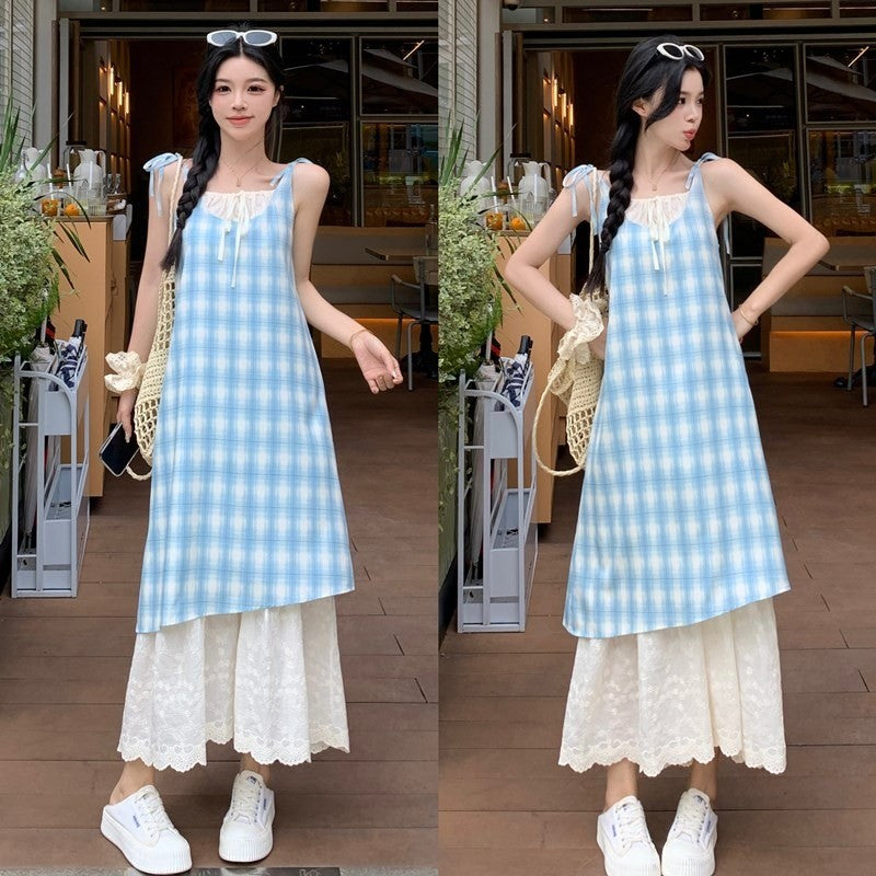 0655L_夏季新款胖mm假兩件拼接顯瘦刺繡A字裙蕾絲小眾長裙子女