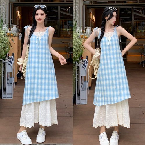 0655L_夏季新款胖mm假兩件拼接顯瘦刺繡A字裙蕾絲小眾長裙子女