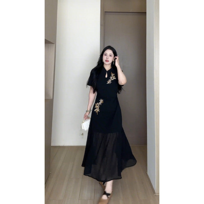 A1908L_墨色竹影蛋妹大碼女裝微胖夏季新中式時尚旗袍連衣裙
