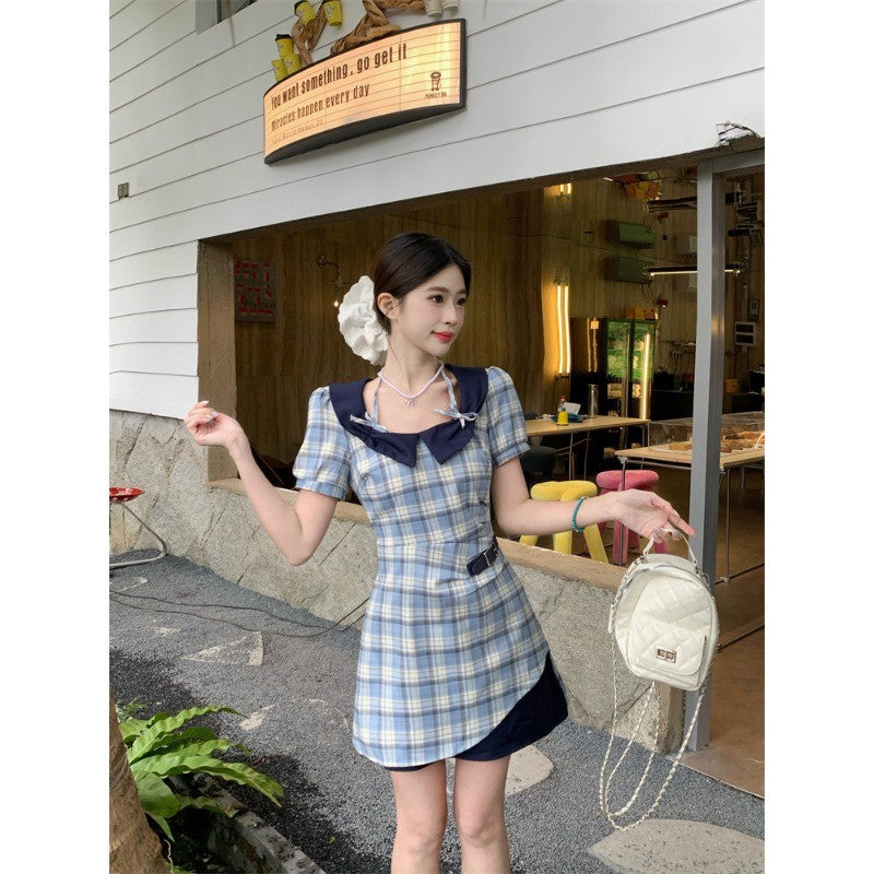 18800L_夏季學院復古清新淡雅格紋修身短袖連衣裙