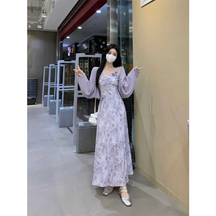 B1039L_ 夏新款重工高級感暈染紫色立體花朵吊帶連衣裙肌理開衫套裝