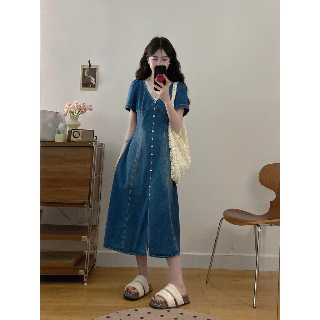 9213L-大码女装短袖花边连衣裙2025夏季新款胖mm拉链收腰显瘦长裙子