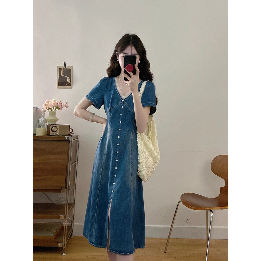 9213L-大码女装短袖花边连衣裙2025夏季新款胖mm拉链收腰显瘦长裙子