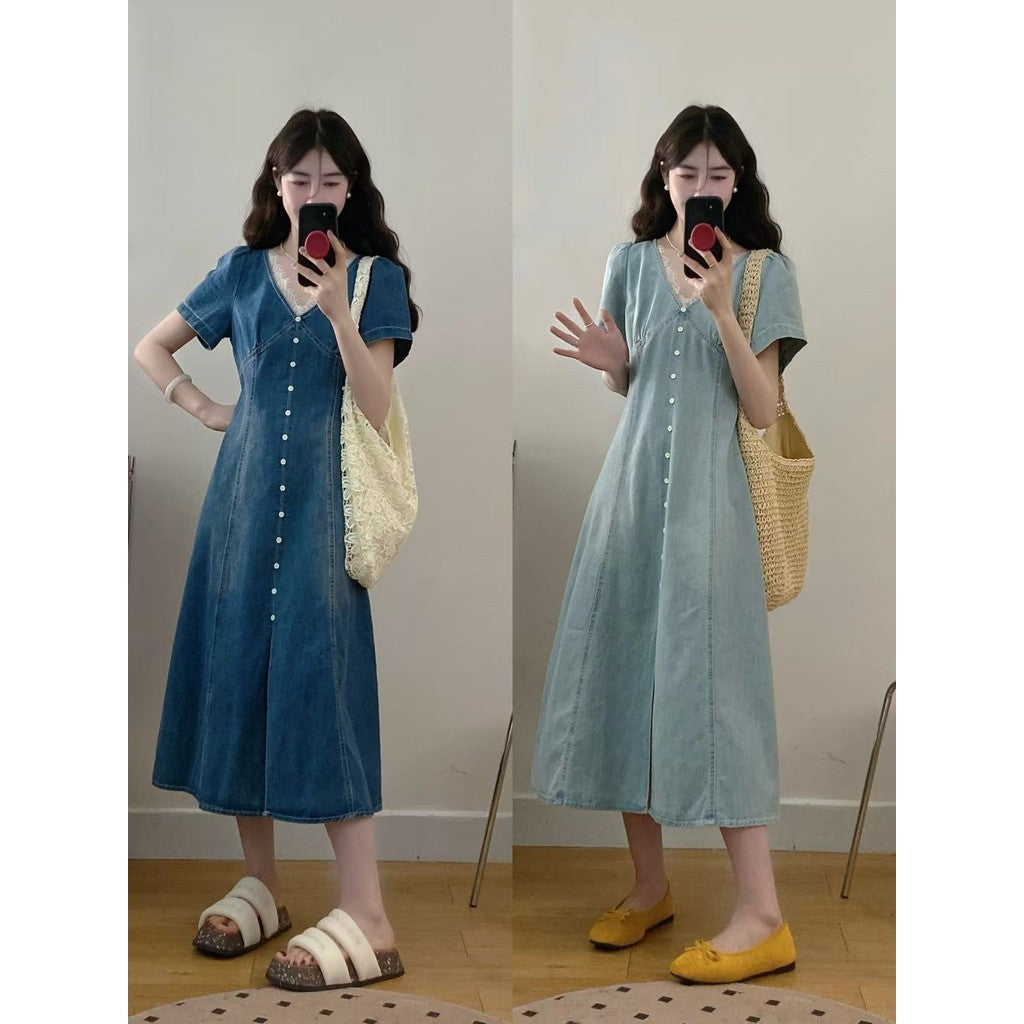 9213L-大码女装短袖花边连衣裙2025夏季新款胖mm拉链收腰显瘦长裙子